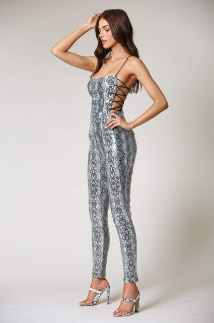 Load image into Gallery viewer, Anilda- Snakeskin Criss Cross Jumpsuit
