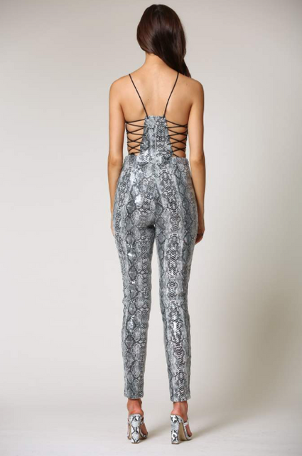 Load image into Gallery viewer, Anilda- Snakeskin Criss Cross Jumpsuit
